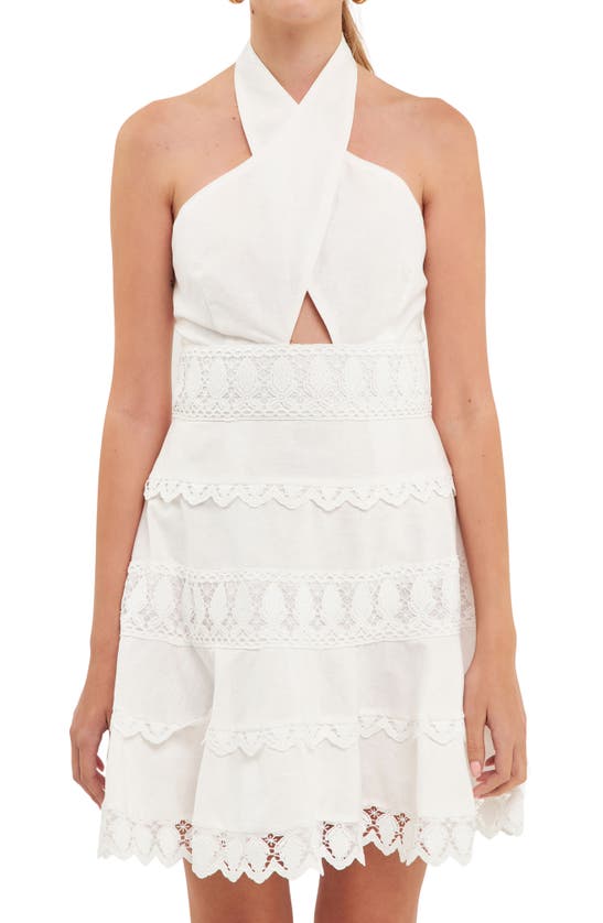 Shop Endless Rose Halter Lace Trim Cotton & Linen Minidress In Cream Puff