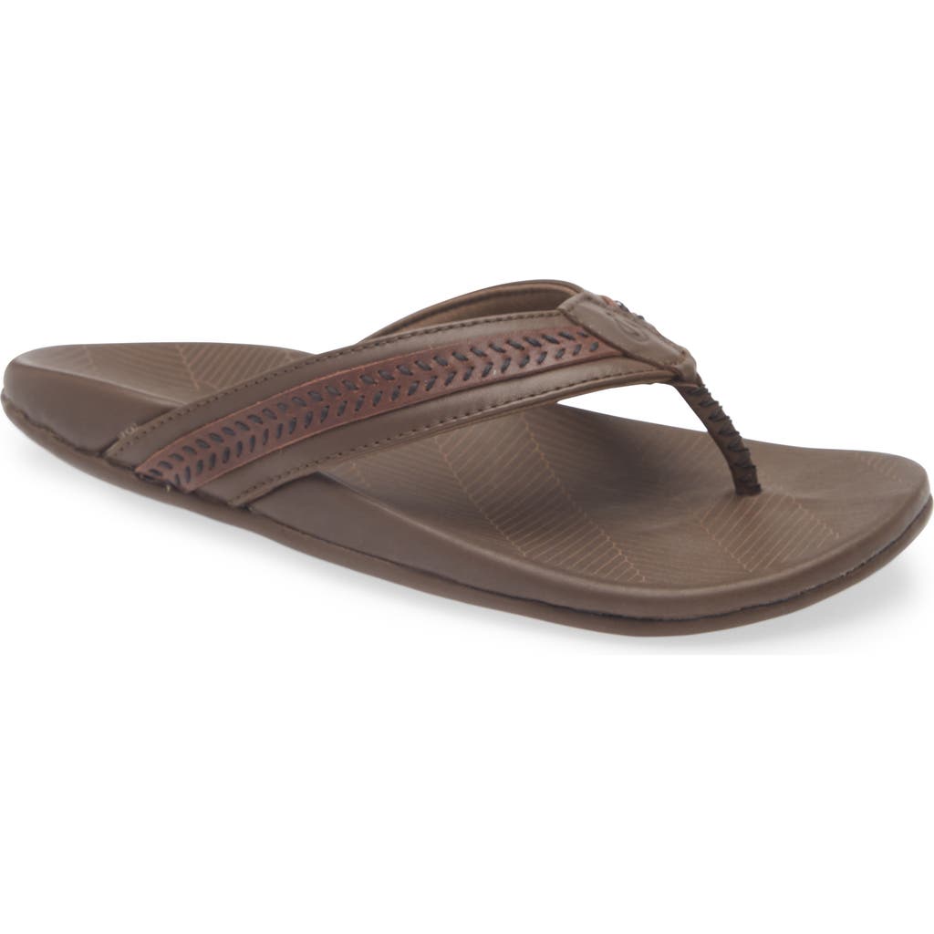 OluKai Aho Leather Flip Flop in Dk Wood /Dk Wood