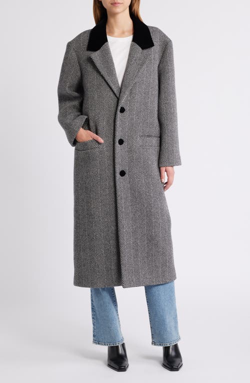 Frame Herringbone Wool Blend Longline Coat In Black Multi