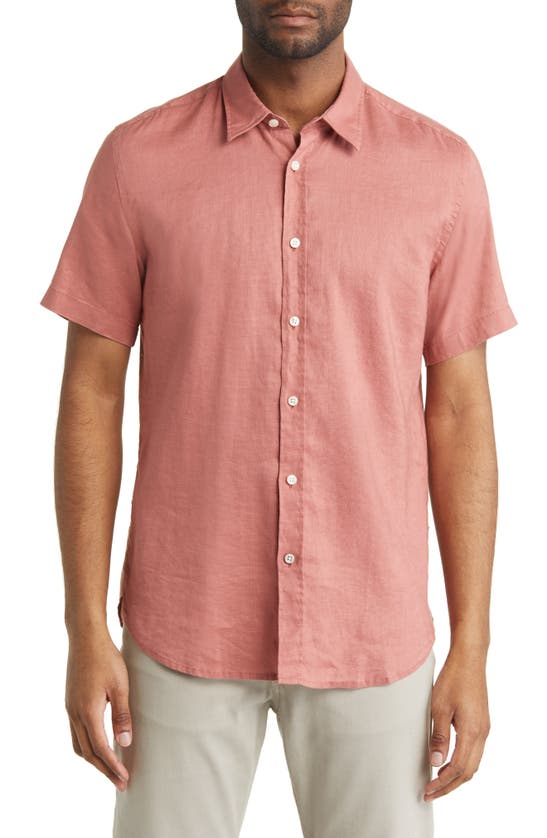 Hugo Boss Ross Slim Fit Short Sleeve Linen Blend Button-up Shirt In Open Pink