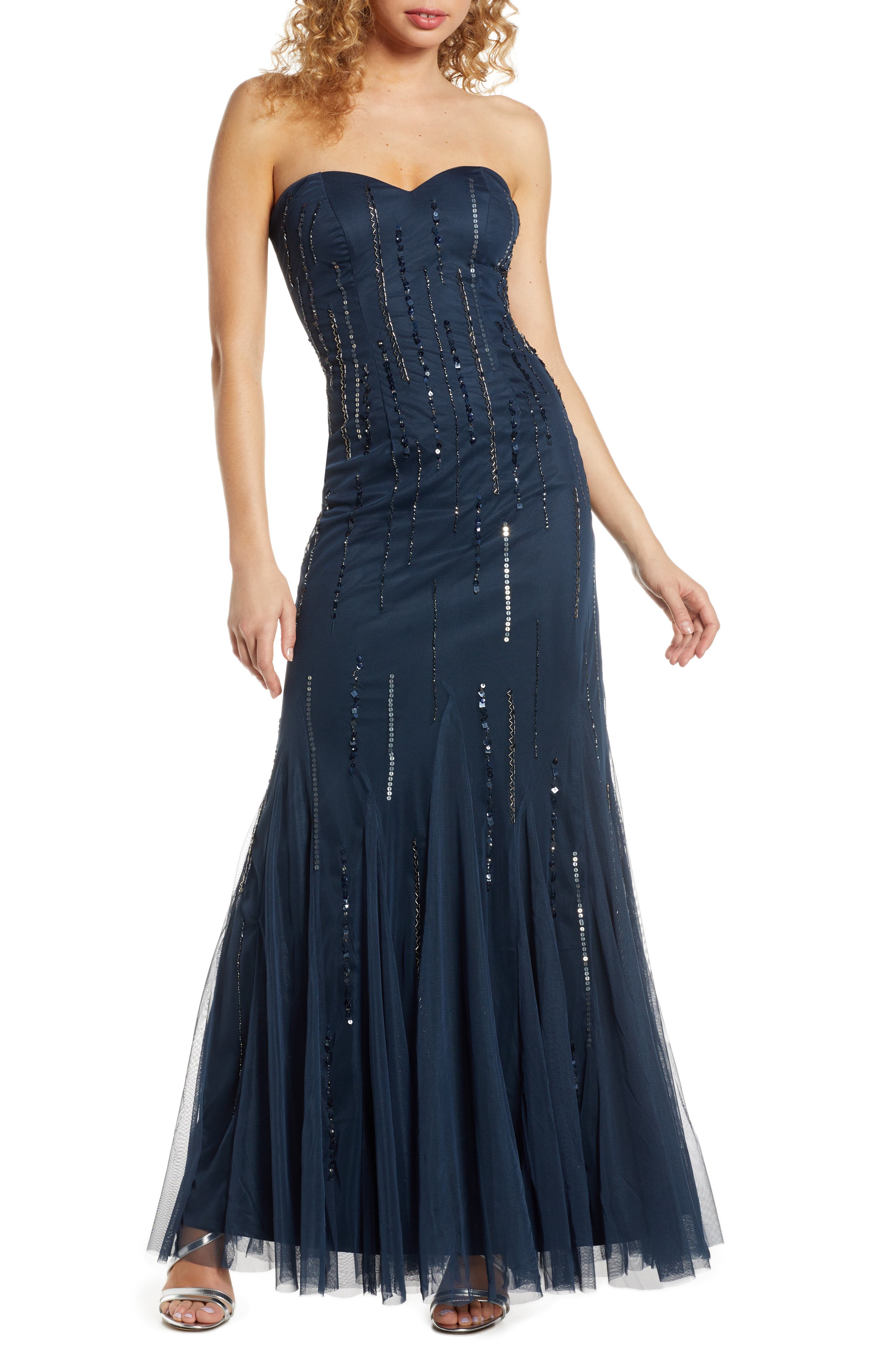 Lace & Beads Rima Strapless Godet Gown, Blue