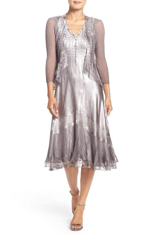 Ombré Charmeuse A-Line Dress & Chiffon Jacket in Oyster Smoke Ombre