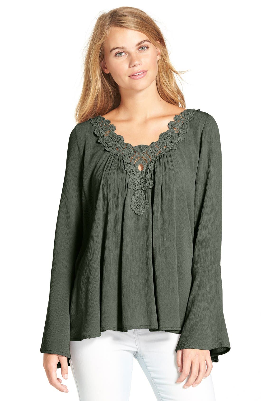 Socialite Flower Appliqué Bell Sleeve Blouse (Juniors) Nordstrom