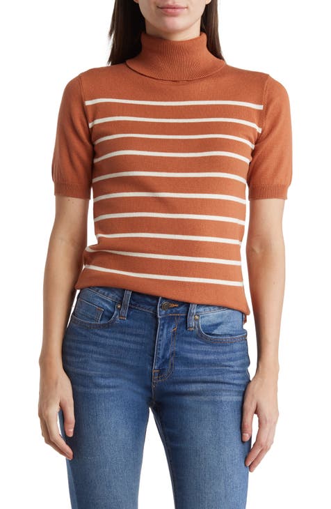 Stripe Short Sleeve Cotton Turtleneck Sweater