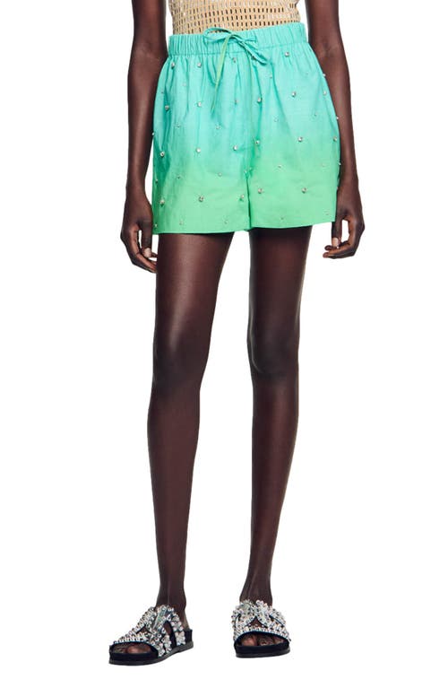 sandro Season Embellished Cotton Drawstring Shorts in Blue Green 