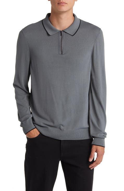 Men's Studios Organic Cotton Long Sleeve Polo Shirt in Mid Grey