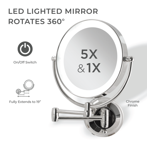 Zadro Lighted Wall Mounted Makeup Mirror With 5x/1x Magnification & Extendable Arm In Chrome