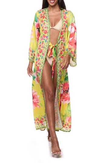 Shop Ranee's Ranees Tie Waist Longline Cover-up Duster In Yellow