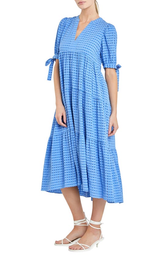 Shop English Factory Gingham Tiered Midi Dress In Cobalt