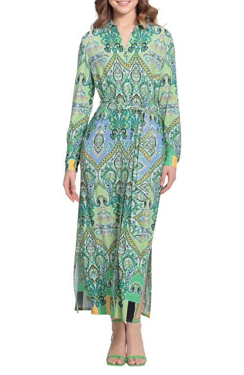 DONNA MORGAN FOR MAGGY Print Belted Long Sleeve Maxi Shirtdress in Ivory/Olive Green