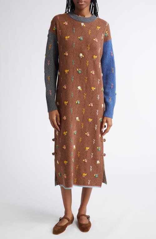 YanYan Daisy Embroidered Colorblock Long Sleeve Lambswool Sweater Dress in Hazelnut Multi 