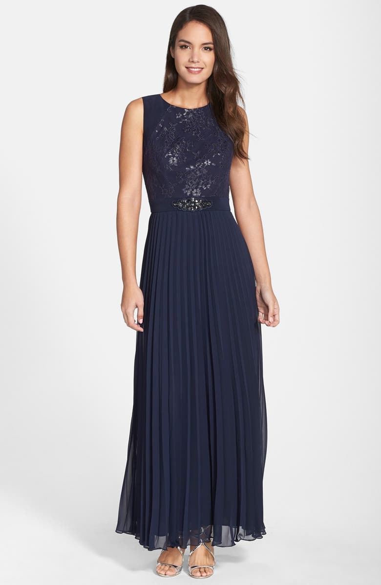 Patra Embellished Metallic Lace Pleated Gown | Nordstrom