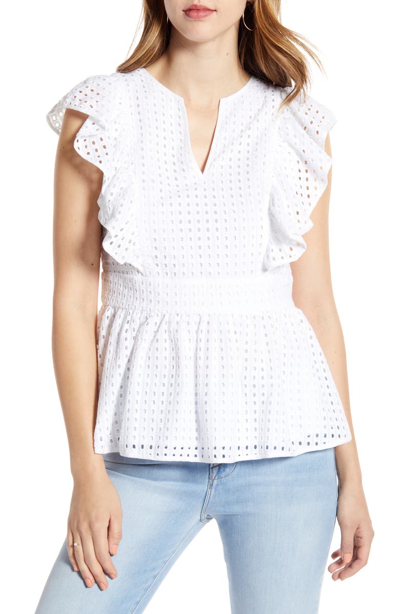 1901 Cotton Eyelet Peplum Top (Regular & Petite) | Nordstrom