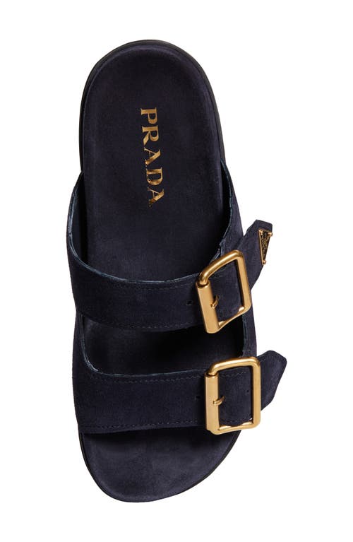 Prada Leather Slides Gold-tone Hardware Accents In Bleu