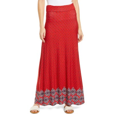 Loveappella Border Print Roll Top Maxi Skirt, Red