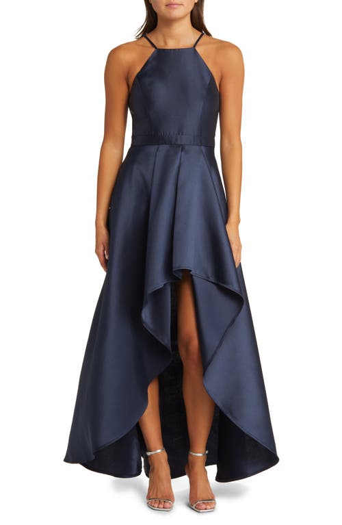 Broadway Show Satin High-Low Gown in Navy Blue