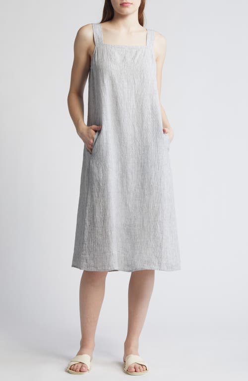 Square Neck Organic Linen Midi Shift Dress in White/Black