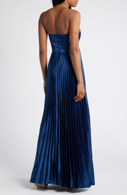 Lulus Perfected Elegance Strapless Pleated Satin Gown In Blue