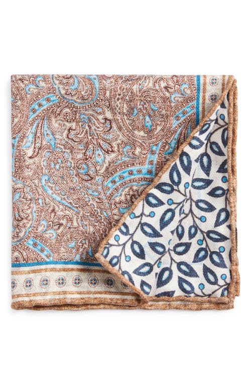 EDWARD ARMAH Paisley & Leaf Print Reversible Silk Pocket Square in Beige/Brown 