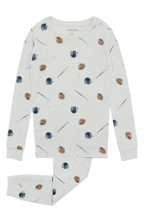 Petit Lem Kids' Glow in the Dark Baseball Print Fitted Organic Cotton Two-Piece Pajamas in 901 Light Grey