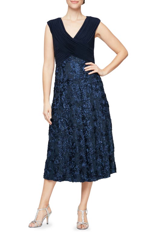 Alex Evenings Floral Sequin Lace A-Line Midi Dress in Navy