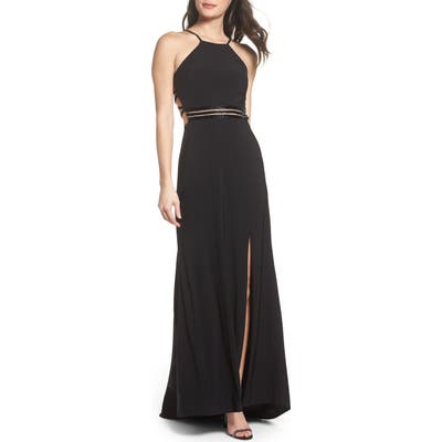 Morgan & Co. Beaded Mesh Halter Gown, /2 - Black