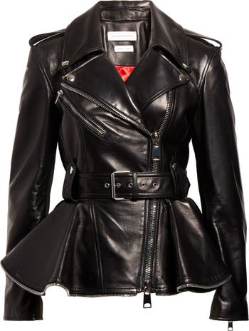 Women's Black Quilted Leather Biker Jacket, Black Peplum Top, Black Flare  Pants, Black Leather Heeled Sandals