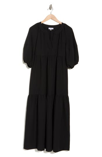 Shop Calvin Klein Gauze Puff Sleeve Maxi Dress In Black