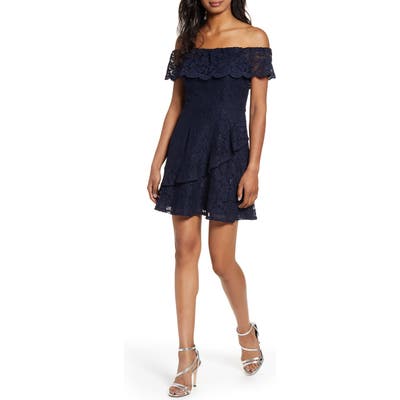 Speechless Off The Shoulder Lace Fit & Flare Dress, Blue