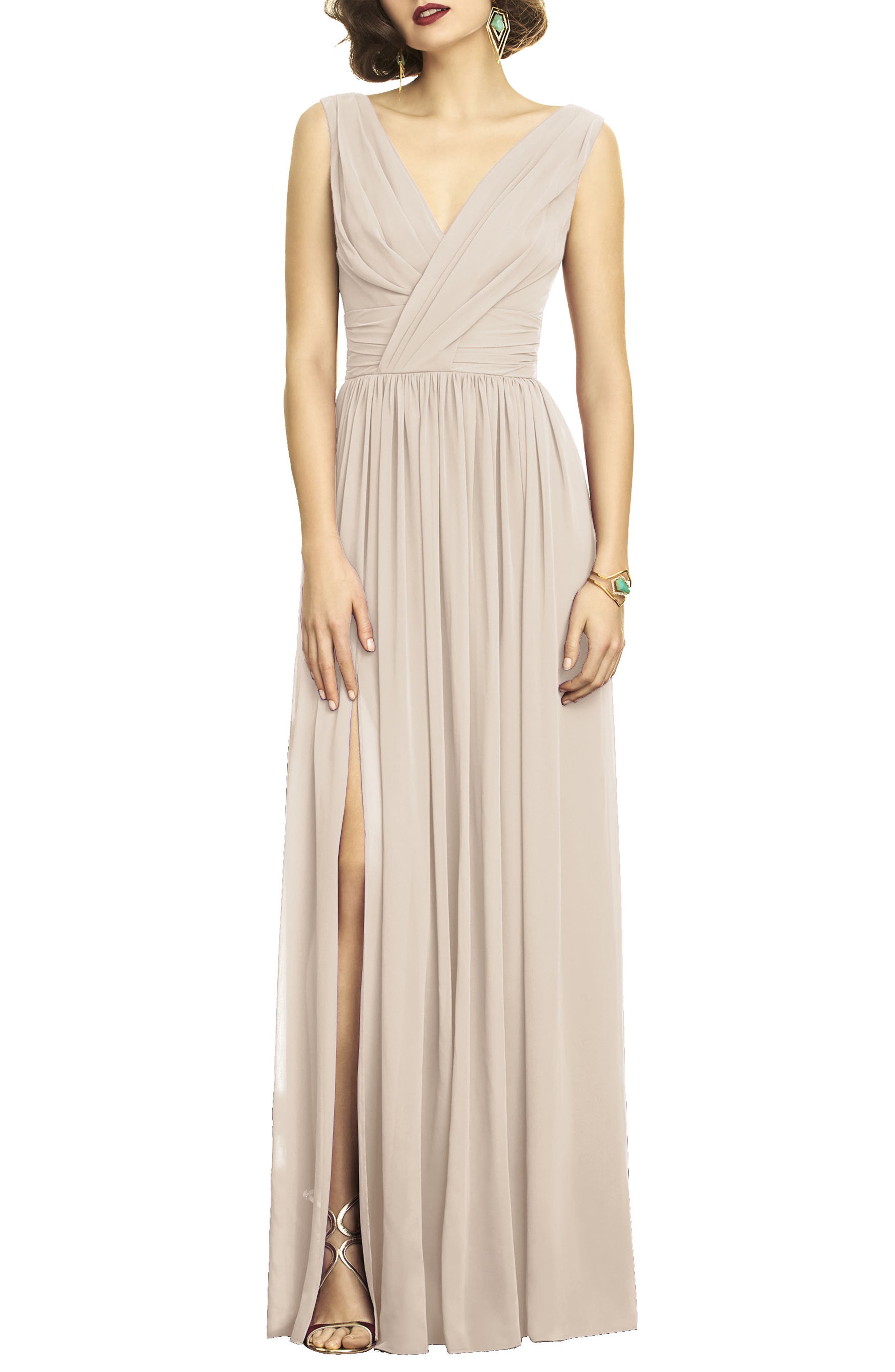 Dessy Collection Lux V-Neck Chiffon Gown, Beige