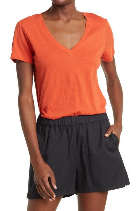 Premium Women's short-sleeved crewneck t-shirt with orange floral