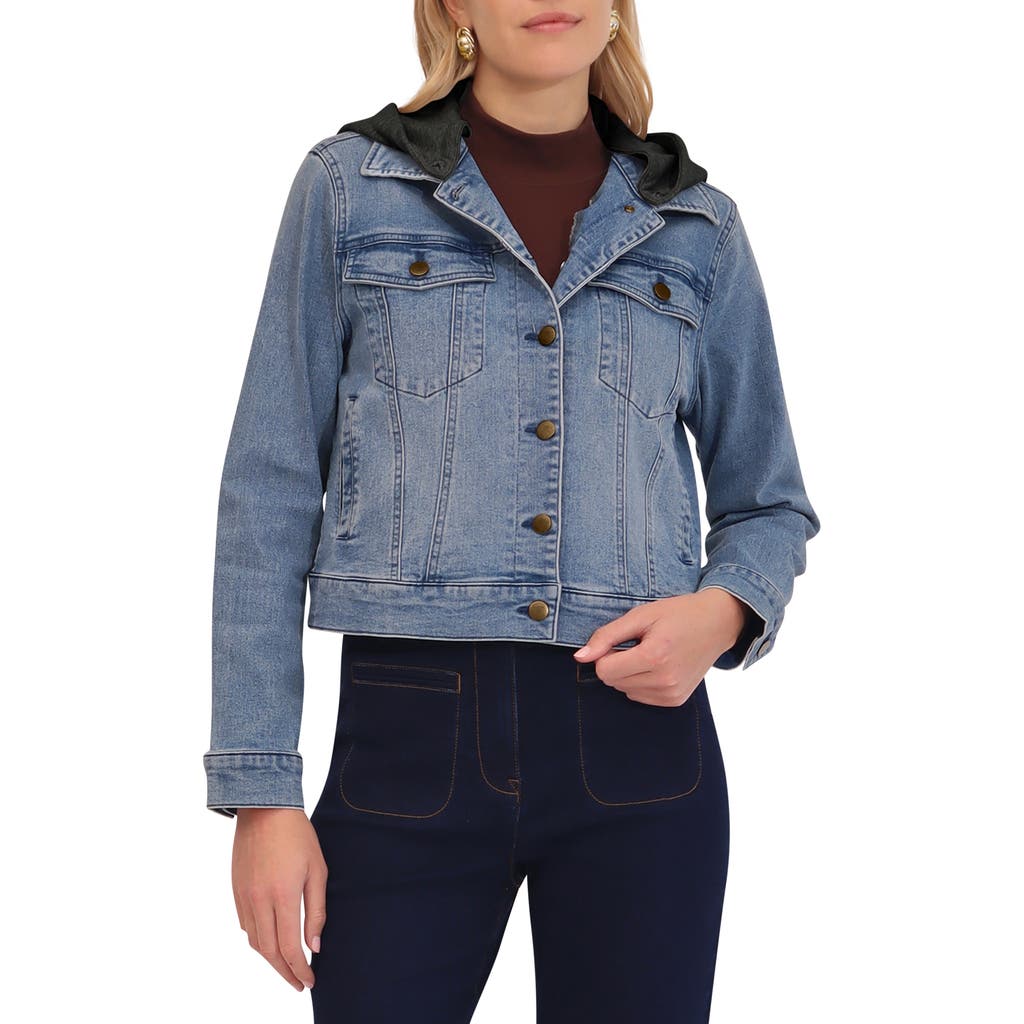 Bagatelle Denim Trucker Jacket With Removable Hood In Sky Wash