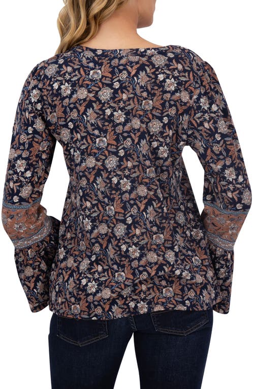 Lucky Brand Notch Neck Bell Sleeve Top In Navy Multi