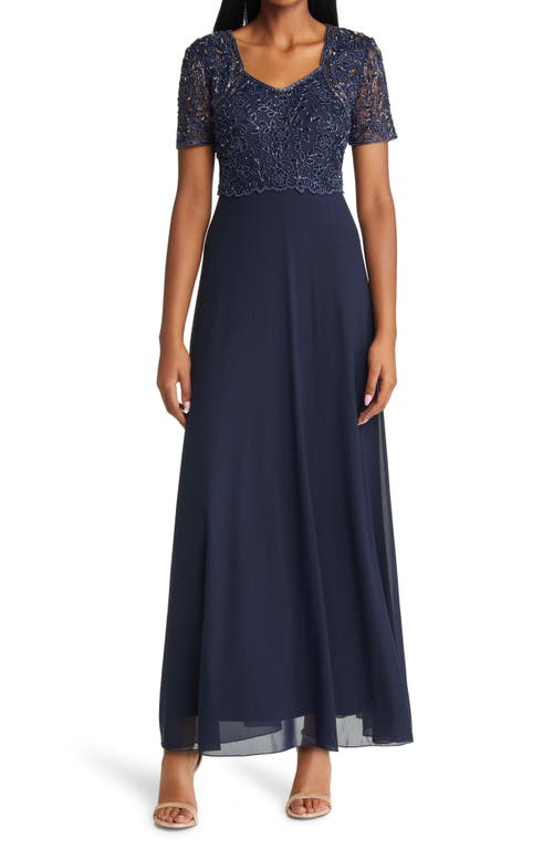 Beaded Bodice A-Line Gown in Navy