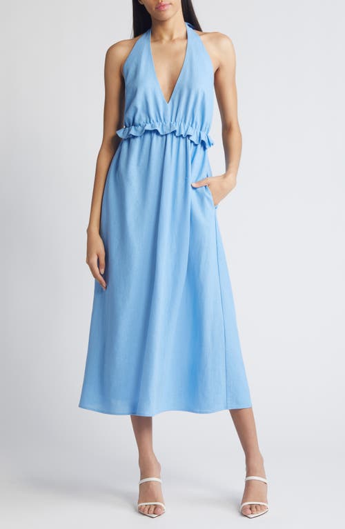 Ruffle Halter Linen Blend Midi Dress in Denim Blue