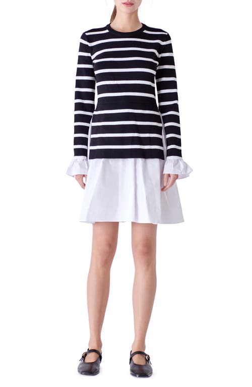 Combo Knit & Poplin Dress in Black Stripe