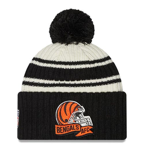 Youth New Era Cream/Black Cincinnati Bengals 2022 Sideline Sport Cuffed Pom Knit  Hat