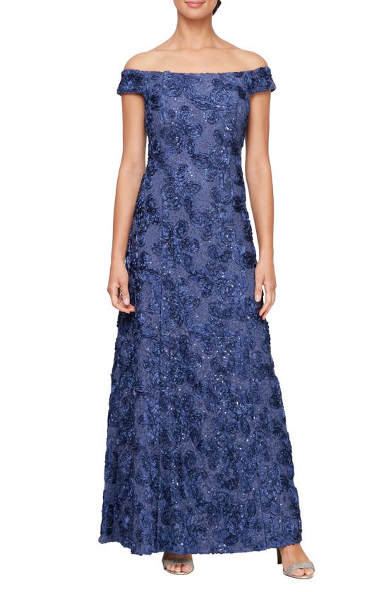 Shop Alex Evenings Sequin Rosette Off The Shoulder Gown In Blue-violet