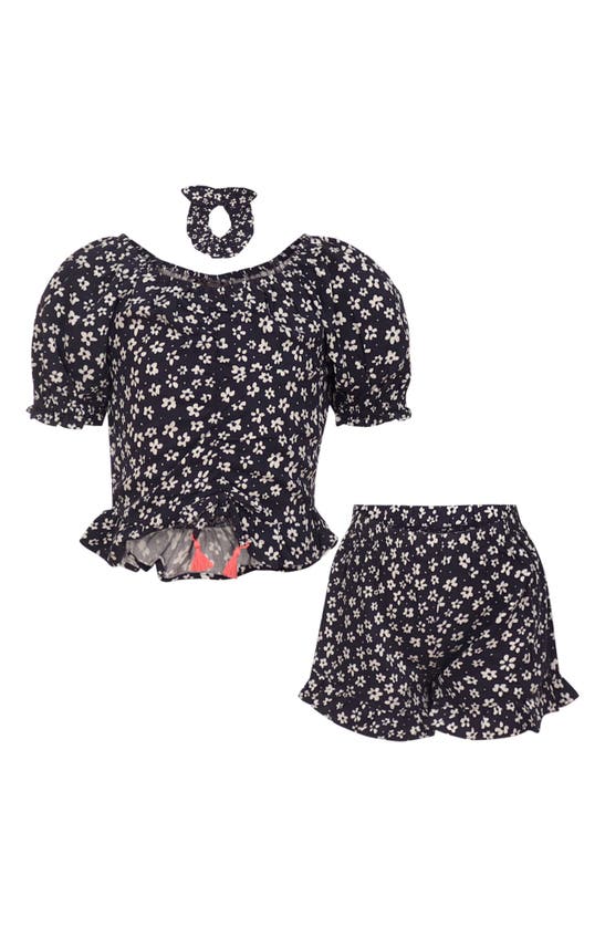 Shop Vince Camuto Kids' Ditsy Floral Top, Shorts & Scrunchie Set In Navy