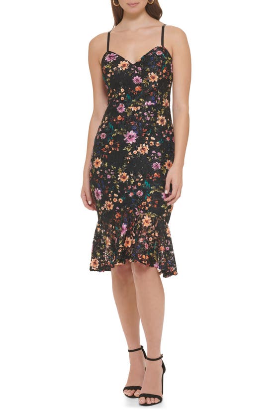 Guess Floral Lace Trumpet Dress In Black Multi