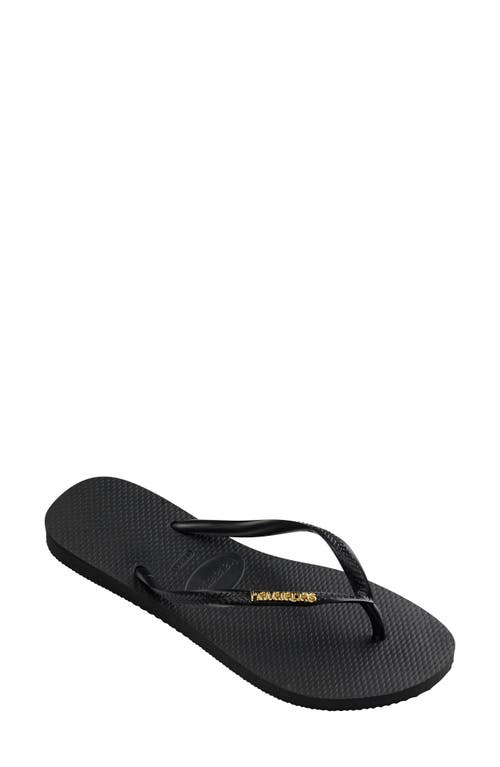 Shop Havaianas Slim Logo Metallic Flip Flop In Black/golden