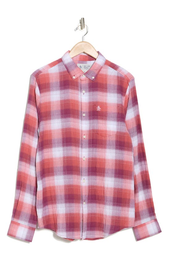 Shop Original Penguin Plaid Long Sleeve Crinkle Cotton Button-up Shirt In Mineral Red
