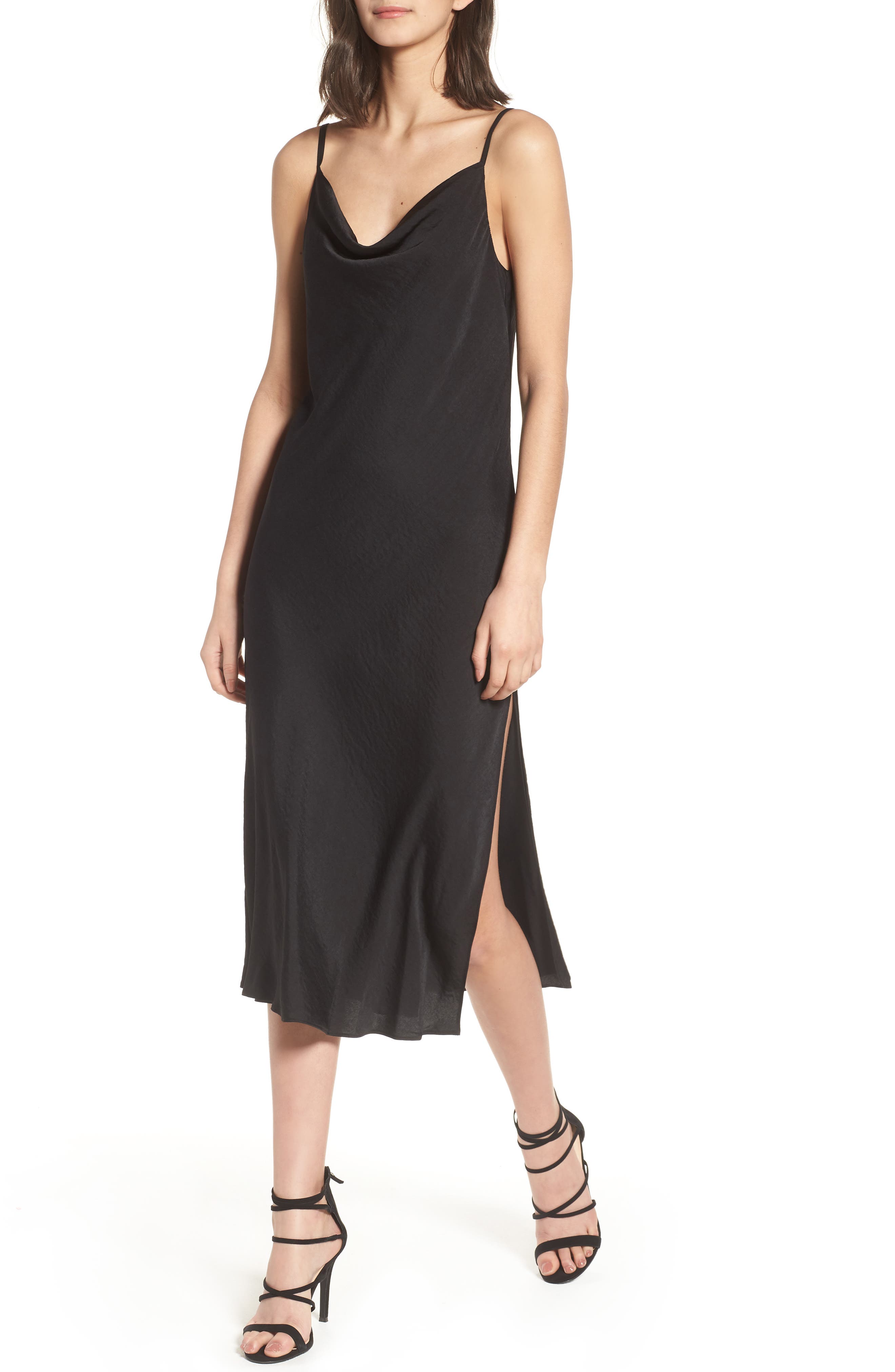 black satin cowl neck midi dress