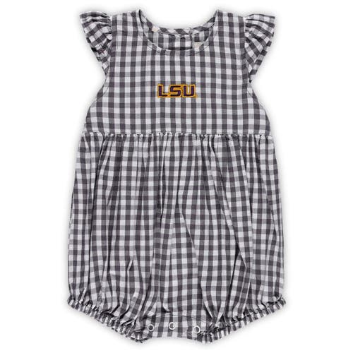 Girls Infant Garb Charcoal LSU Tigers Cara Woven Gingham Ruffled Bodysuit
