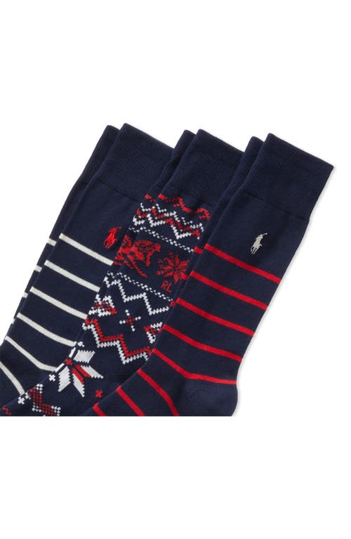 Shop Polo Ralph Lauren Downhill Skiier Assorted 3-pack Cotton Blend Crew Socks Gift Box In Blue Multi