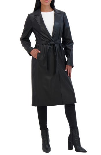 Sebby Belted Longline Faux Leather Trench Coat In Black