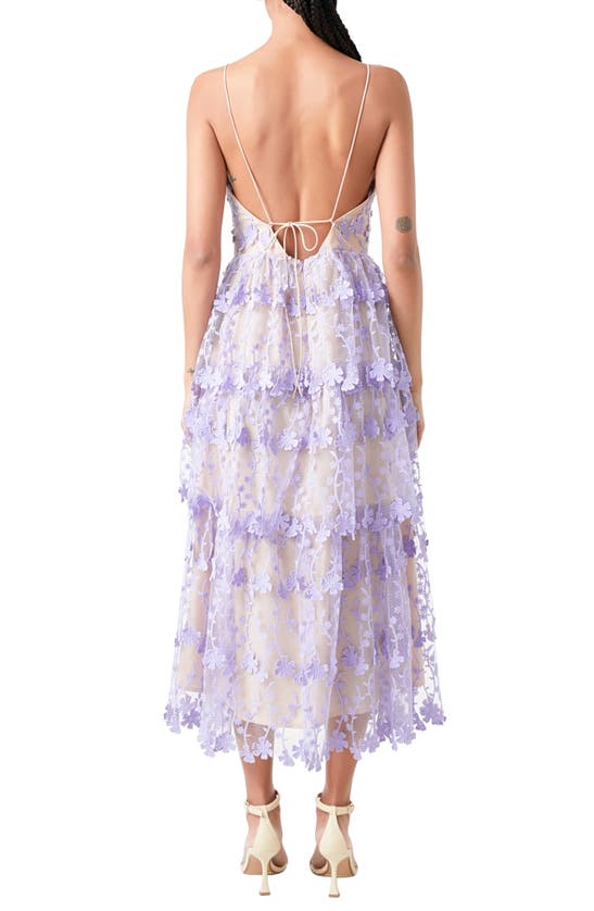 Shop Endless Rose Floral Embroidered Tiered Lace Midi Dress In Lilac