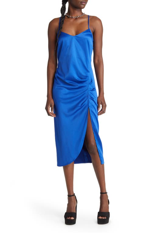 Open Edit Strappy Shirred Sleeveless Midi Dress in Blue Surf