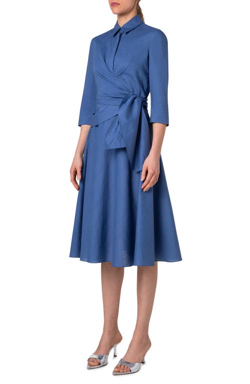 Akris Punto Sash Detail Cotton Seersucker Shirtdress In Smoky Blue