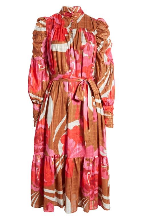 Shop Ciebon Adele Floral Print Long Sleeve Midi Dress In Maroon Multi